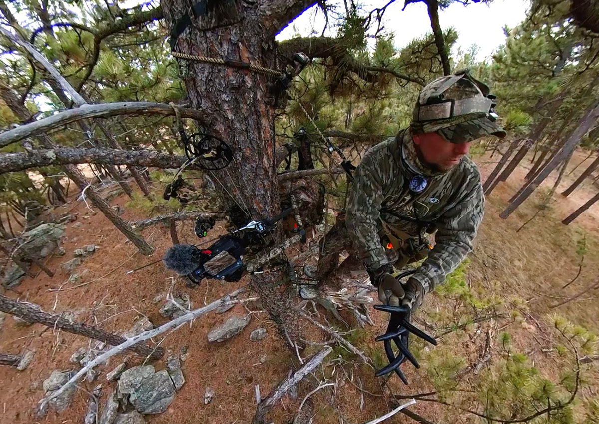 Hunter films from tree saddle.