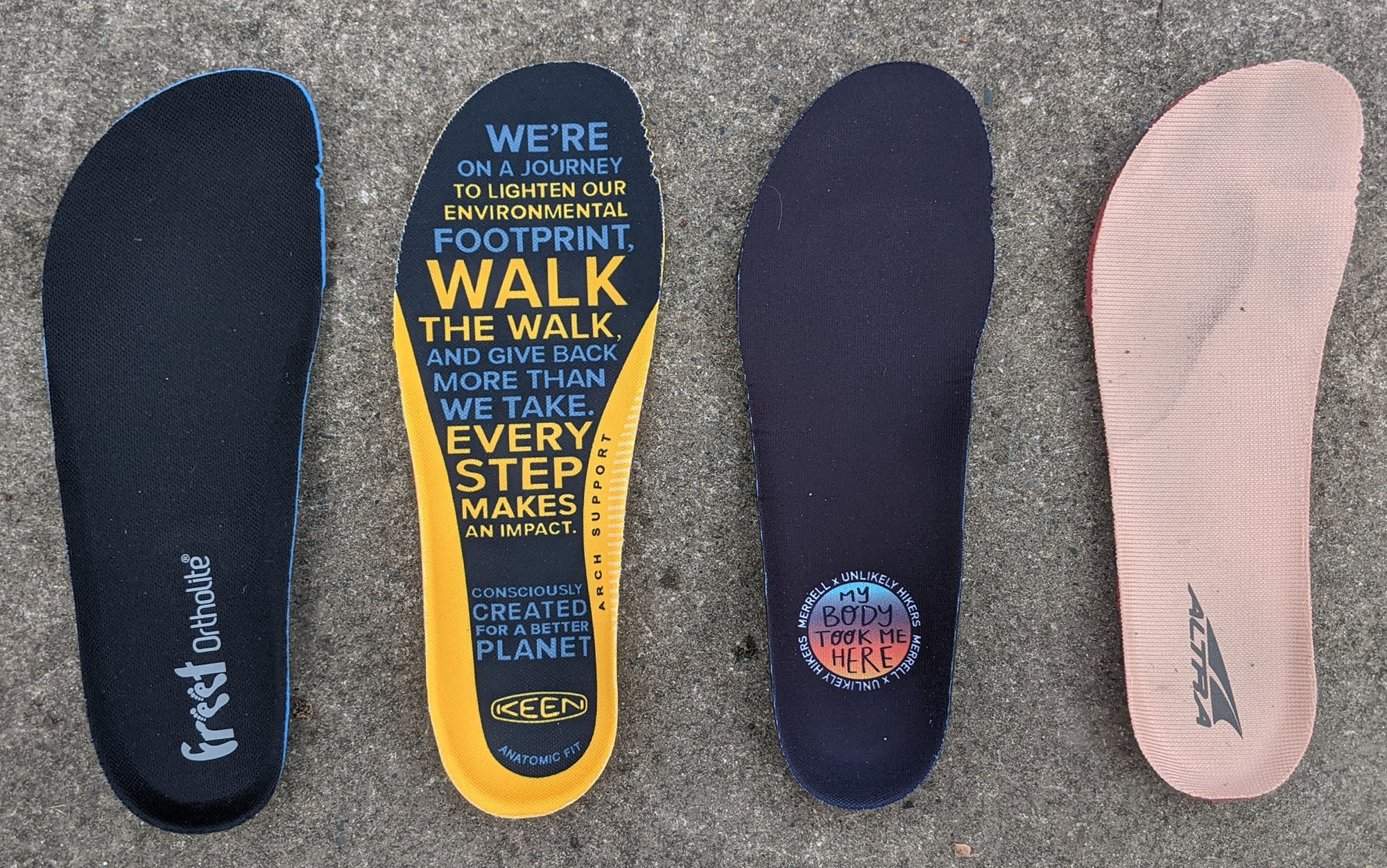 The insoles of wide-width shoes can sometimes vary substantially. From left to right, the insoles for the Freet Tundra, KEEN Targhee, Merrell Moab, and Altra Lone Peak.