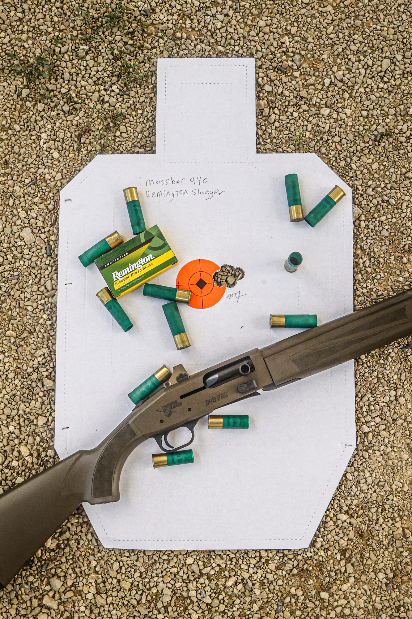 The Mossberg 940 Thunder Ranch over a target with slugs and a small group.