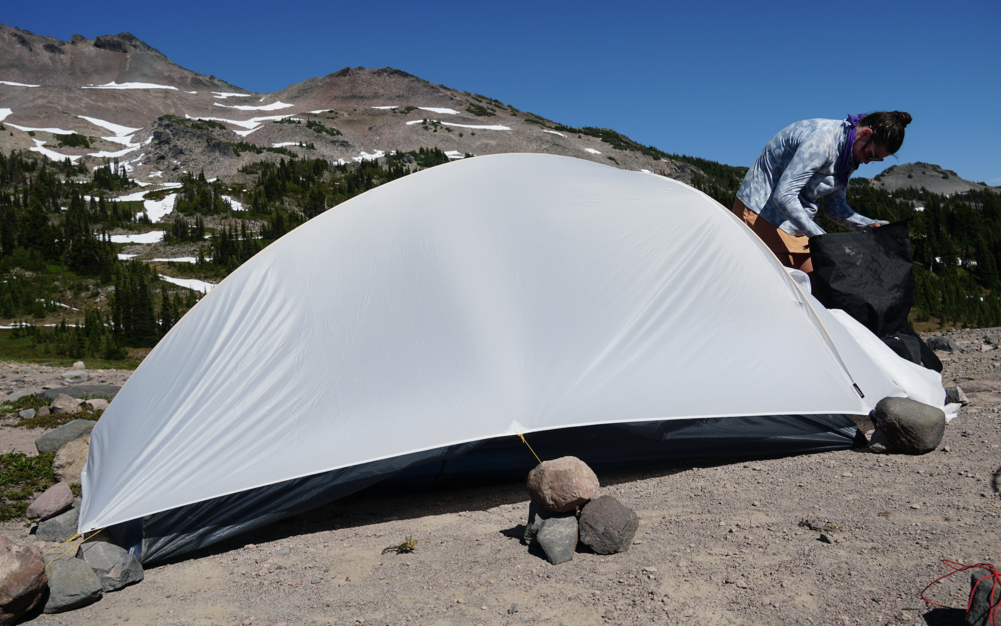 Mountain Hardwear Nimbus set up against a mountain backdrop