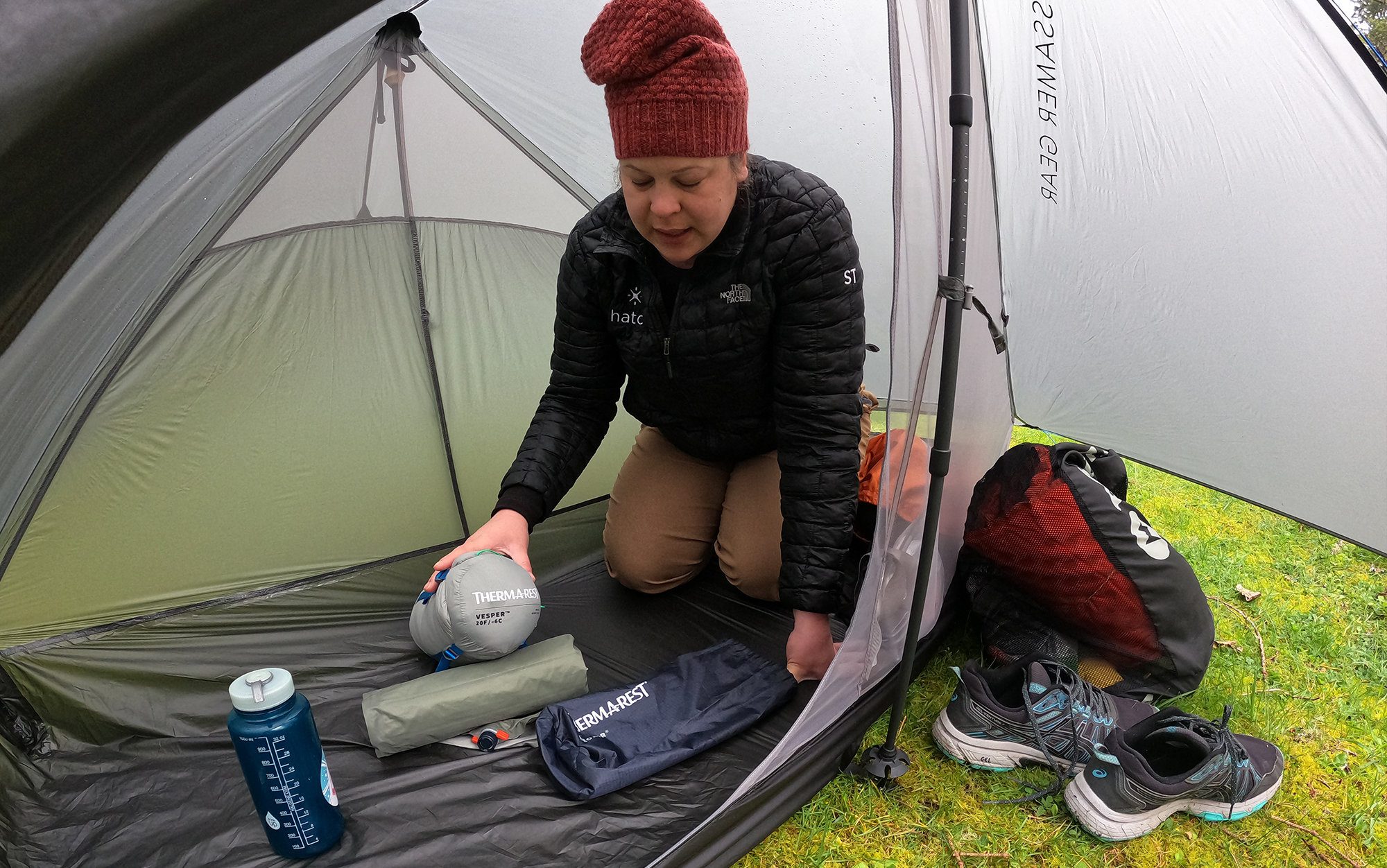 Packing up after the first night of the OL backpacking gear test trip.