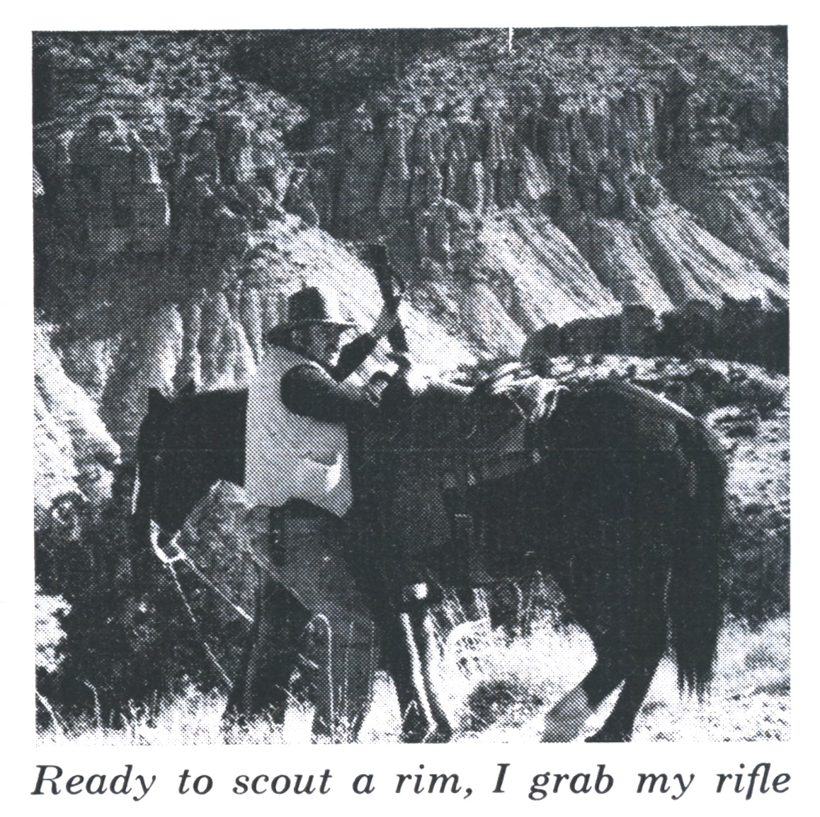 Jim Carmichel pulls his rifle from his horse to go hunt in an old photo.