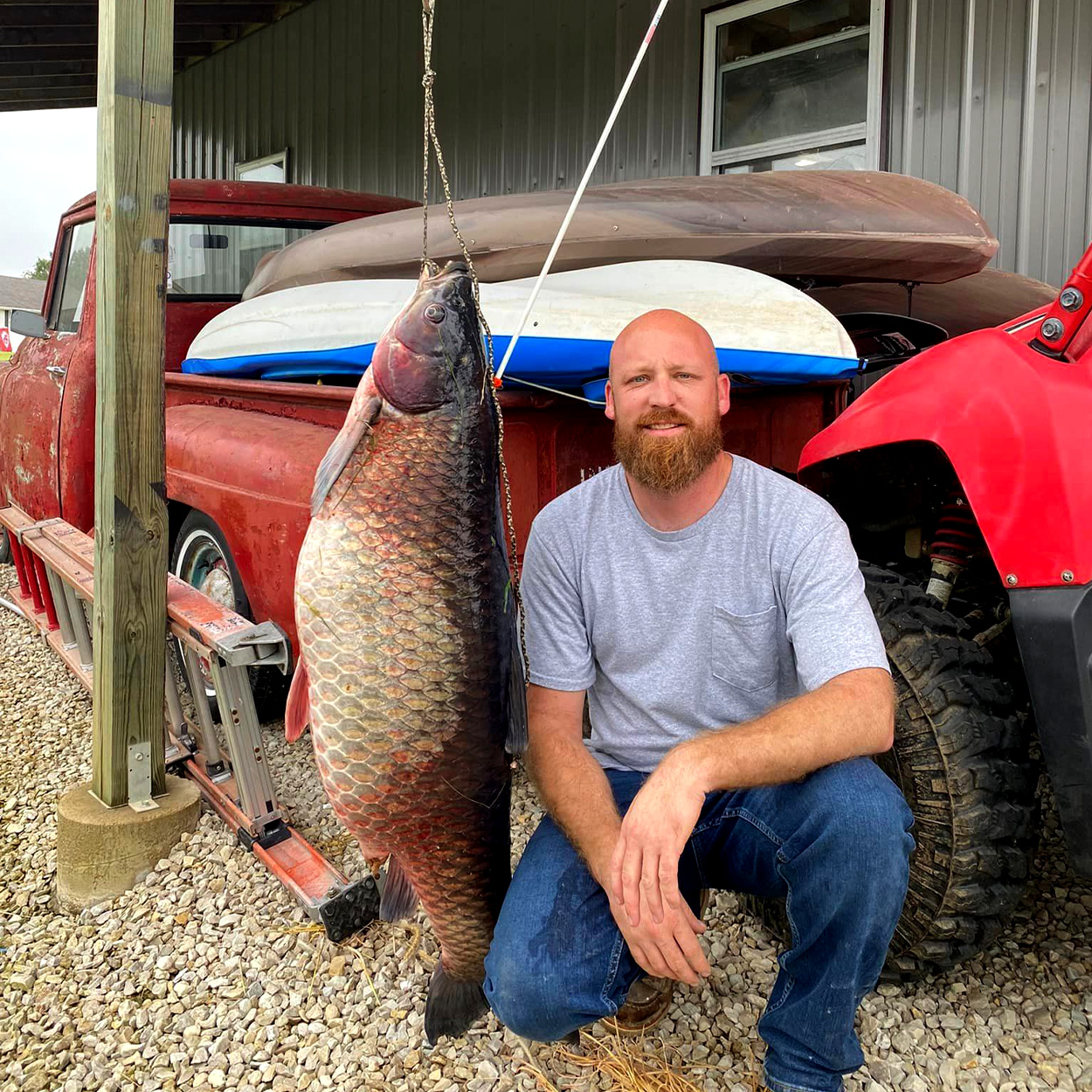 A bowfisherman weighs a carp on a scale at home. 