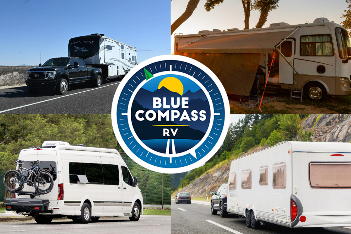 collage of RVs including travel trailers, a motorhome, and a campervan surrounding an RV dealer logo