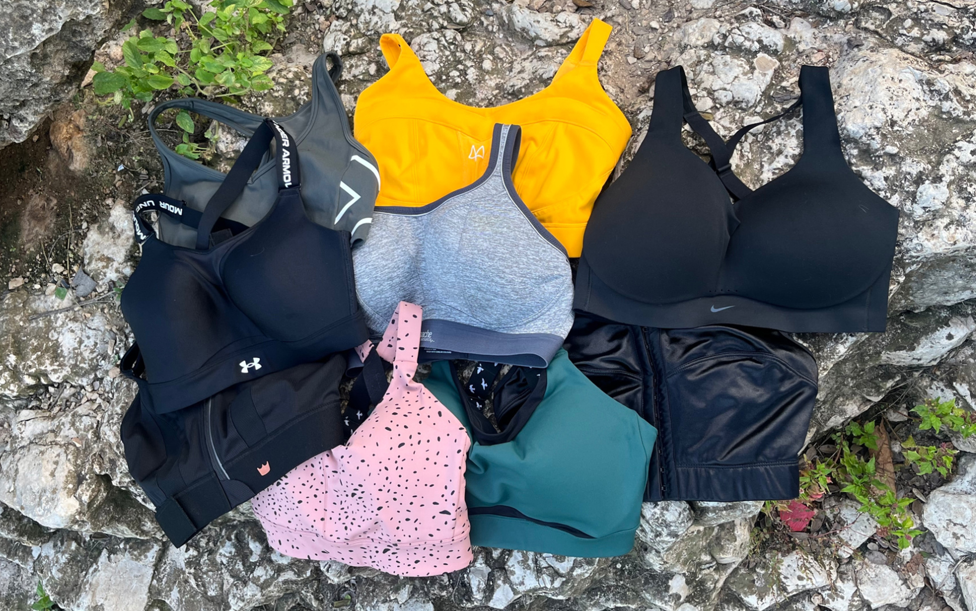 The best sports bras for large busts sit on a rock.