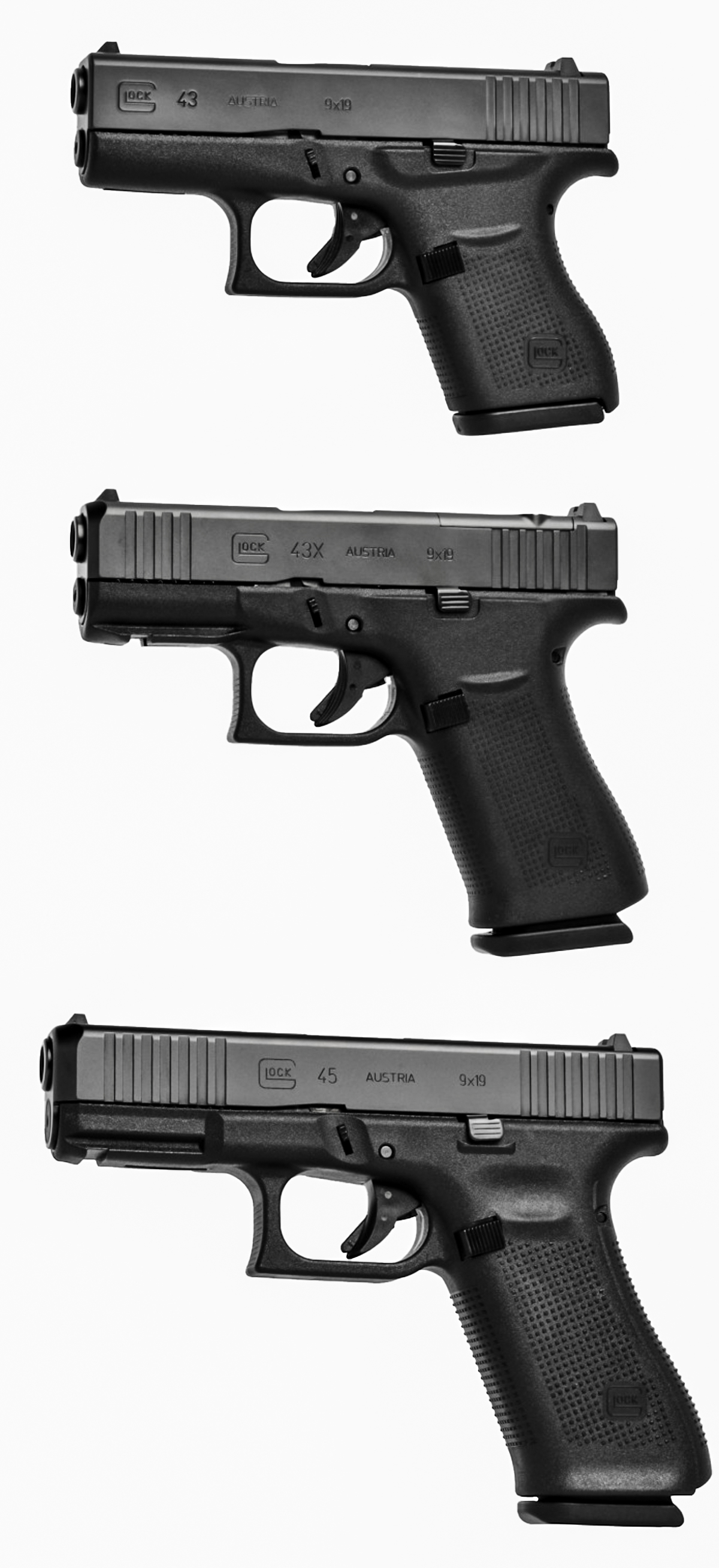 The Glock 43 vs 43X stacked over a Glock 45.