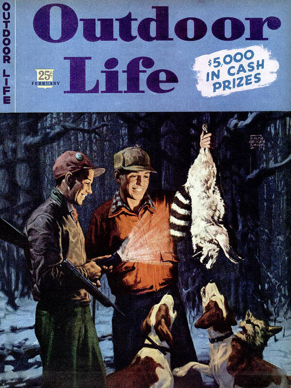 The February 1946 cover of Outdoor Life showing a pair of raccoon hunters and their dogs