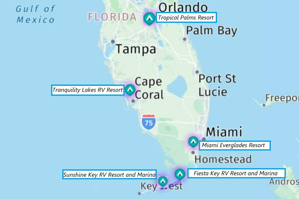 map of Florida with markers for Encore RV Resort locations