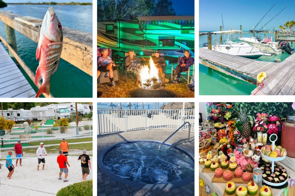 collage of amenities at Encore RV Resorts, including fishing dock, campfire pits, volleyball court, hot tub, and potlucks