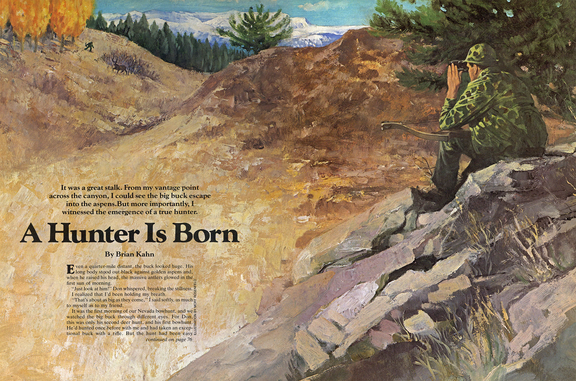 An old magazine spread from Outdoor Life for the story A Hunter Is Born about bowhunting mule deer.