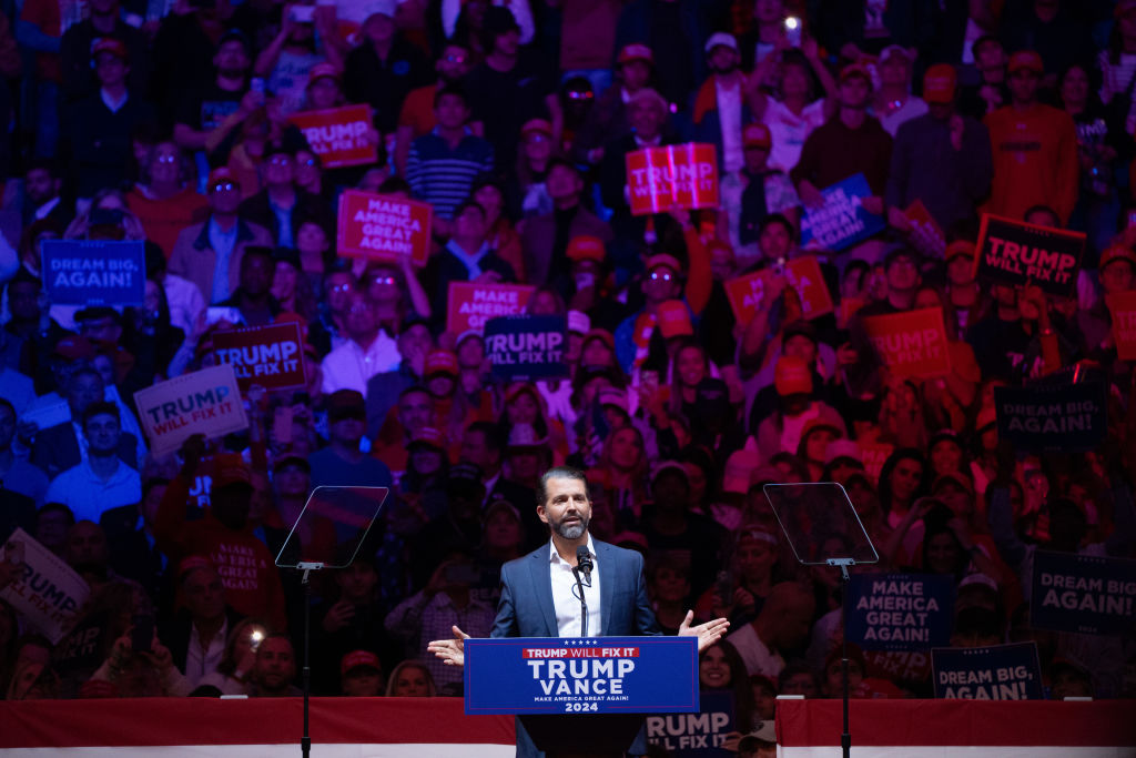 New York, New York - October 27: Donald Trump Jr. speaks at a rally for former president Donald Trump on Oct. 27 at Madison Square Garden in New York. (Photo by Peter W. Stevenson /The Washington Post via Getty Images)