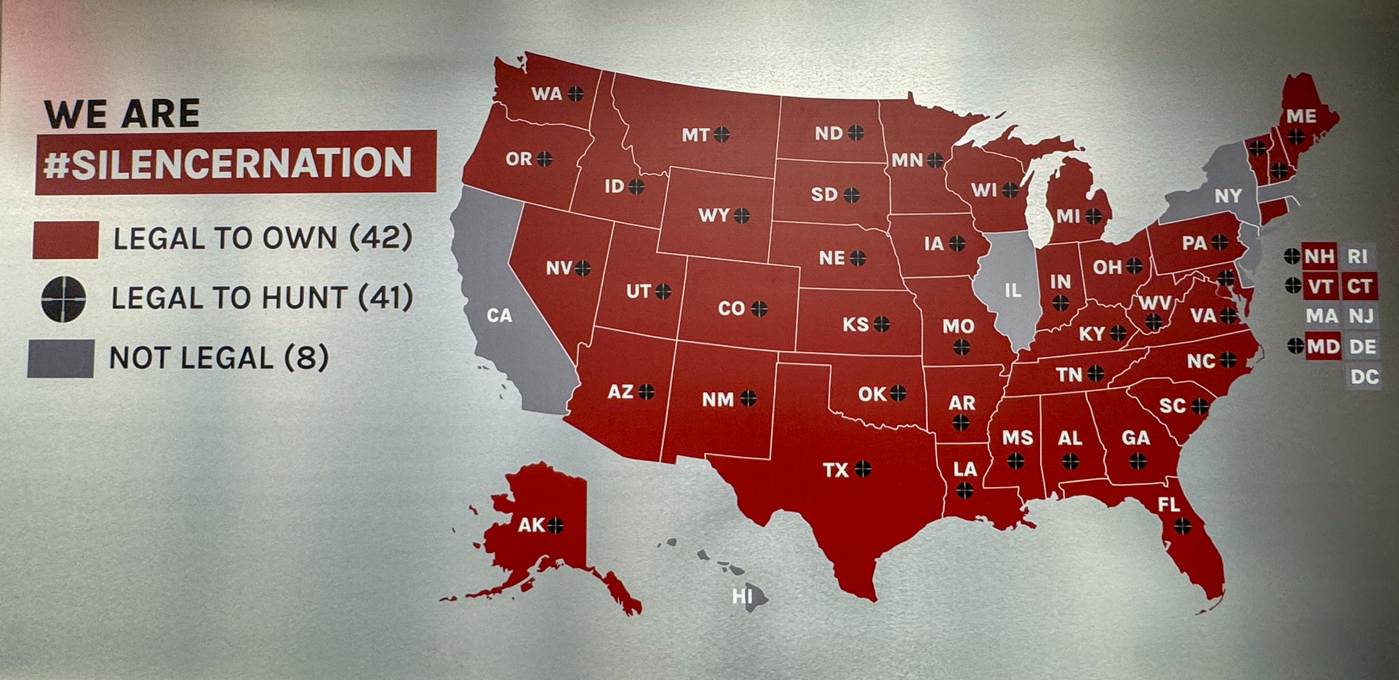 A map showing which states allow suppressors.