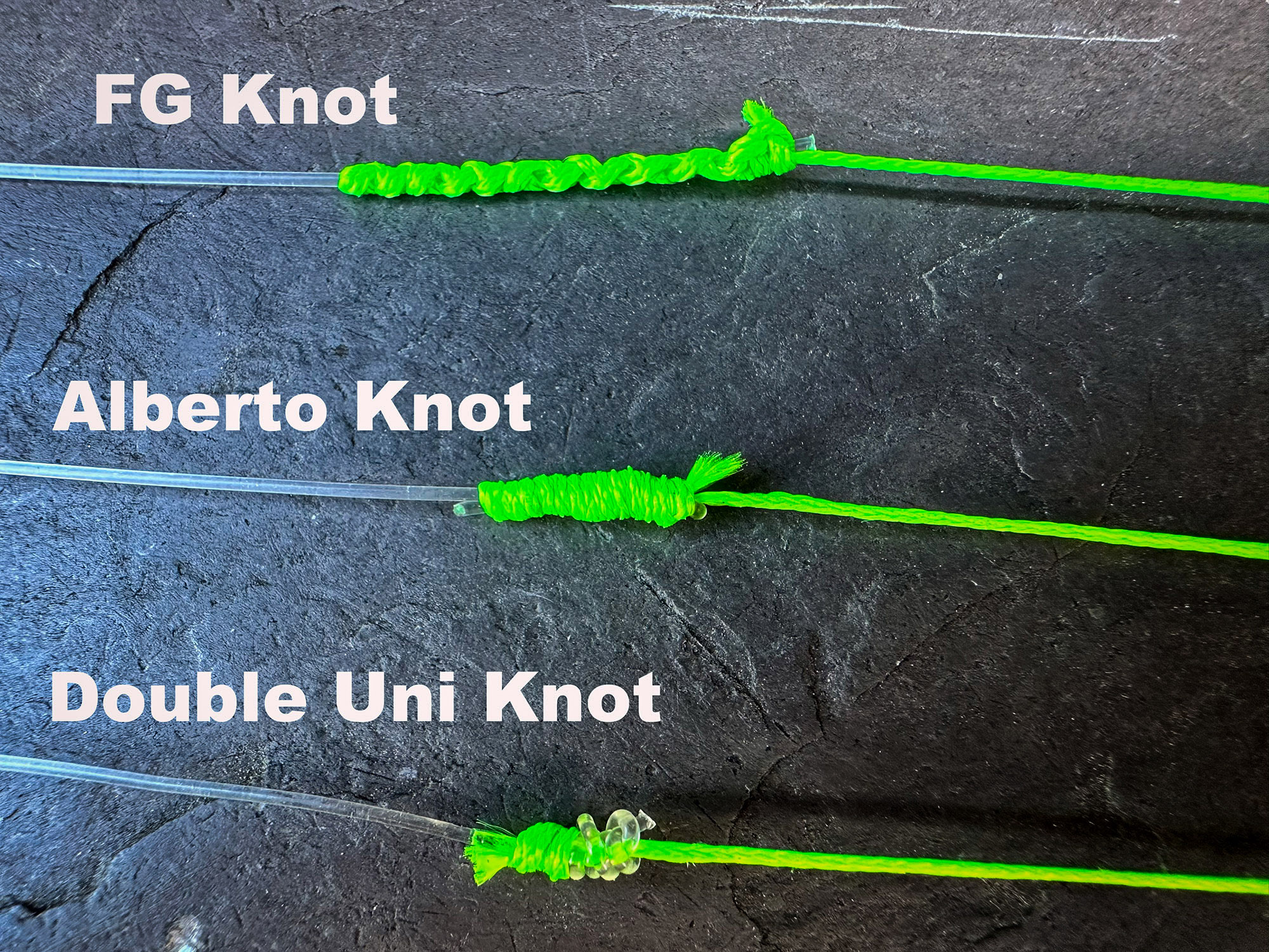 Three fishing knots used to connect different types of line.