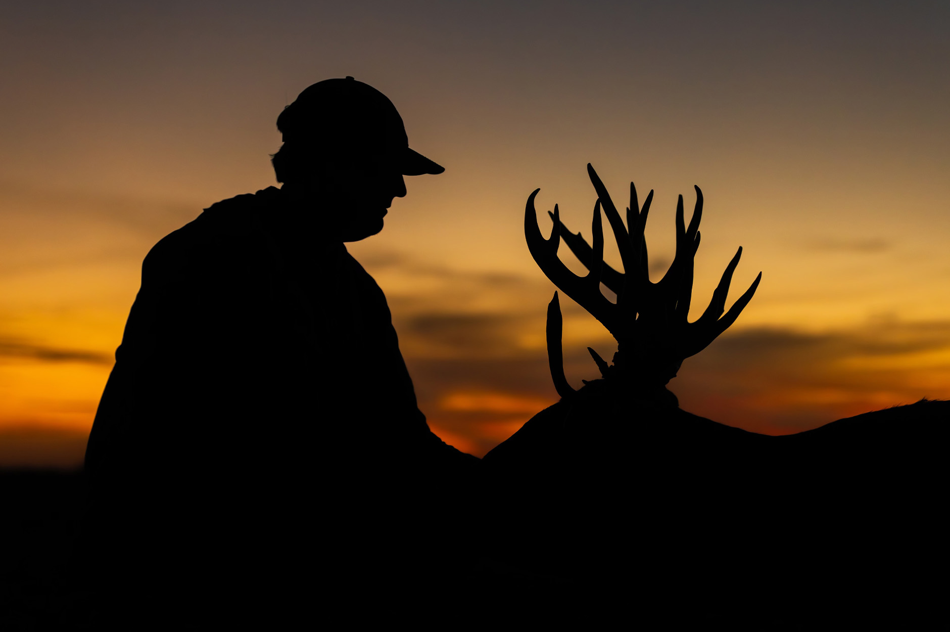 Silhouette of hunter and whitetail buck.