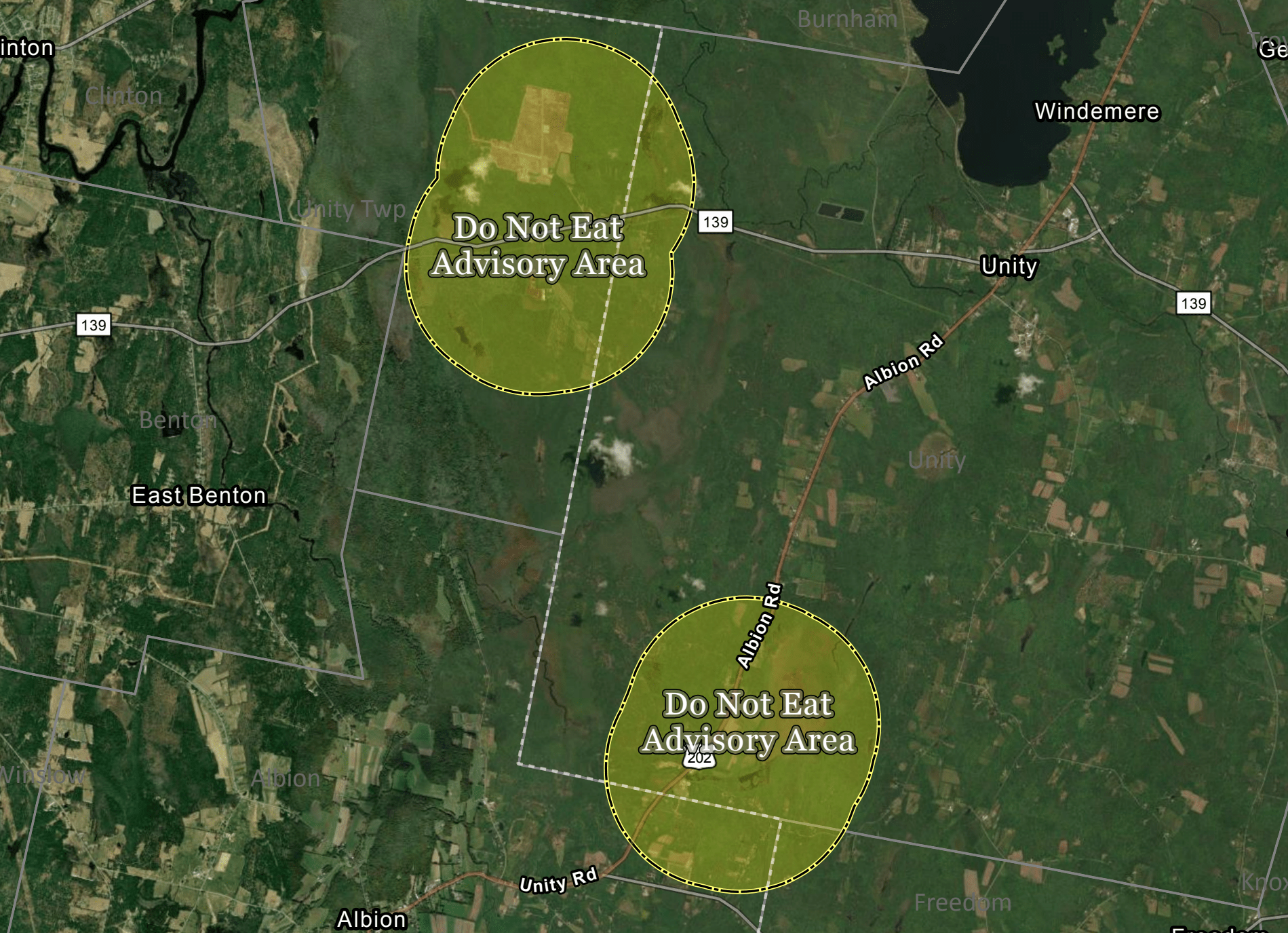 A satellite map of areas affected by Maine's Do Not Eat advisory on wile game meat.