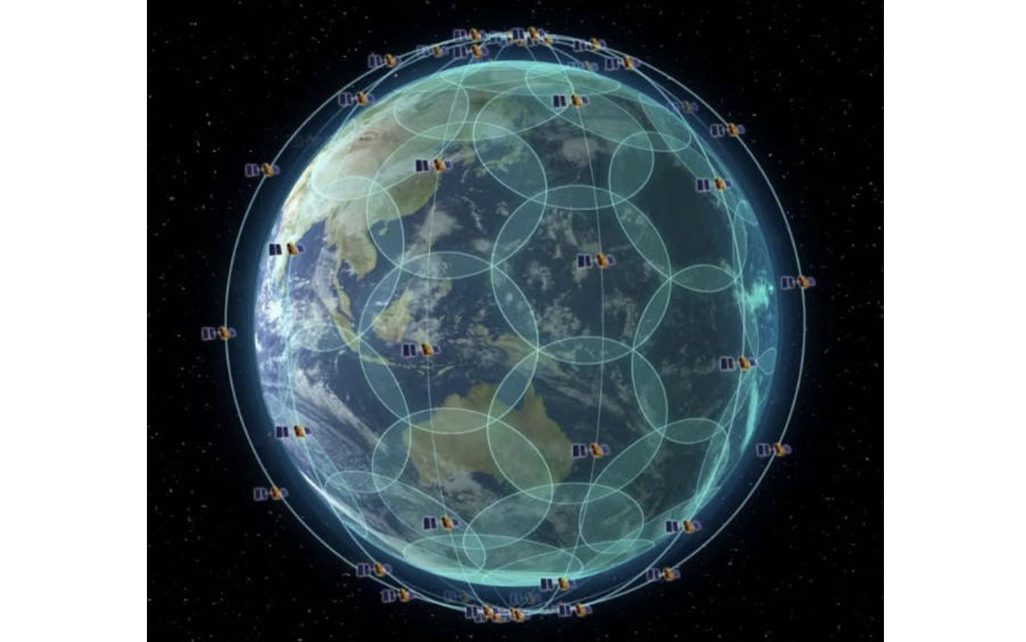 picture of the globe showing the overlapping coverage bubbles of the Iridium network.