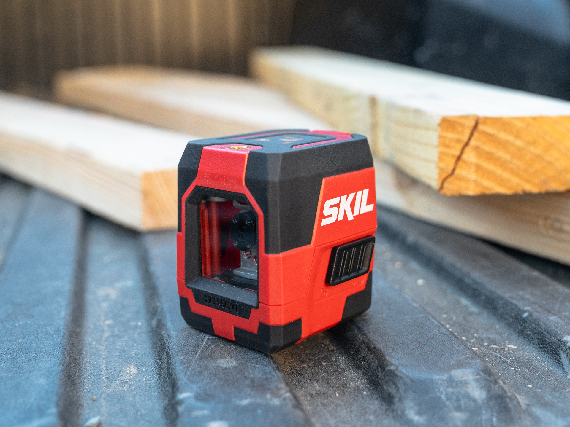  Skil level sits on truck bed.