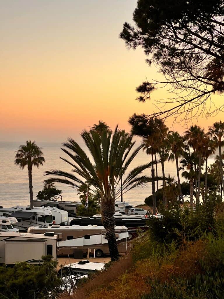 Malibu RV Park at sunset, filled with RVs.