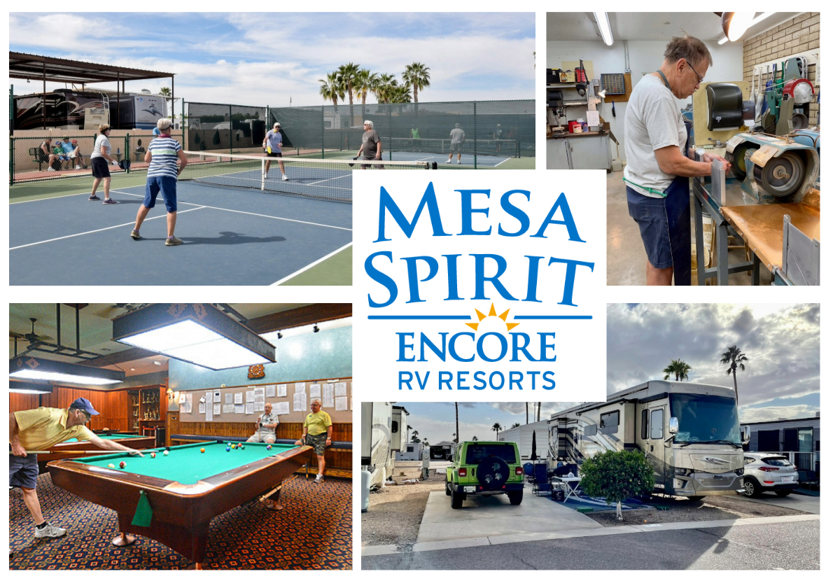 collage of amenities at winter RV destination Mesa Spirit