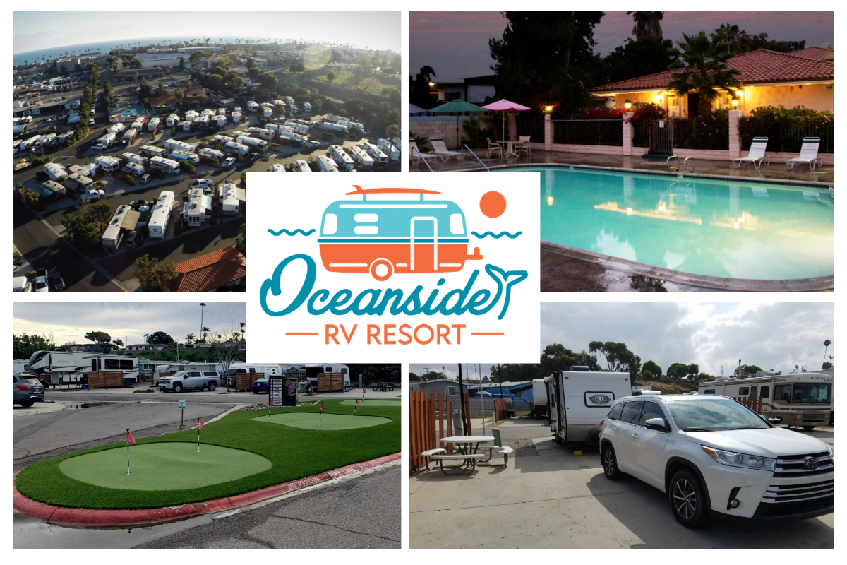 collage of amenities at Oceanside RV Resort in California