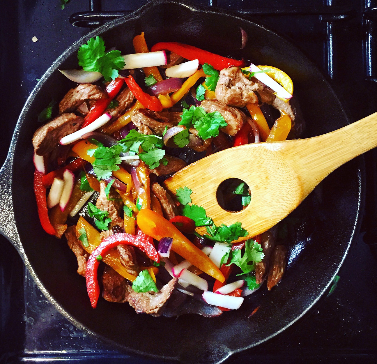 A skillet full of mountain lion fajitas.