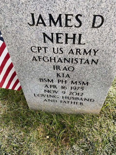 A grave stone and an American flag. 