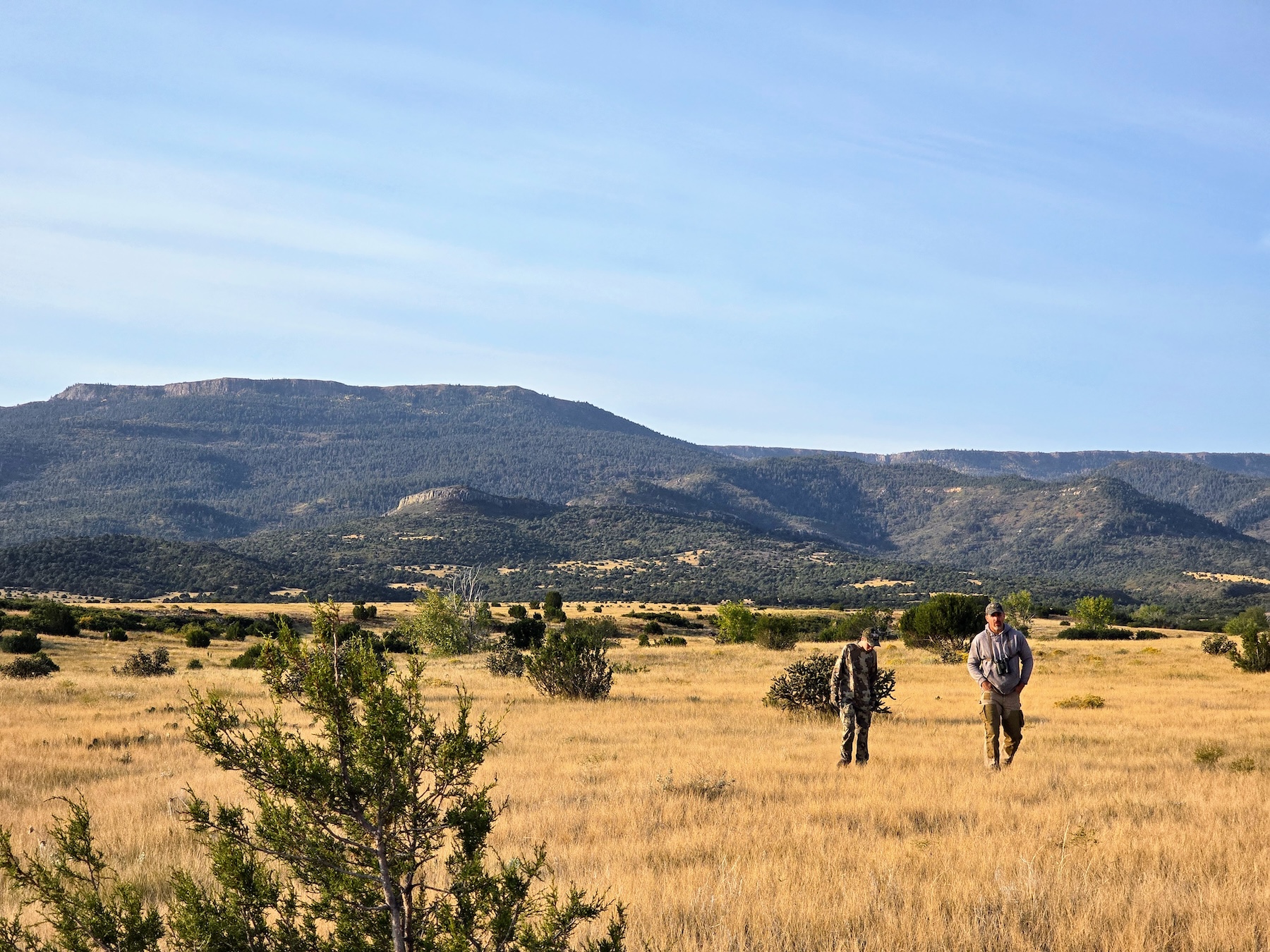 Two hunters stroll through the Colorado prairie with a mesa