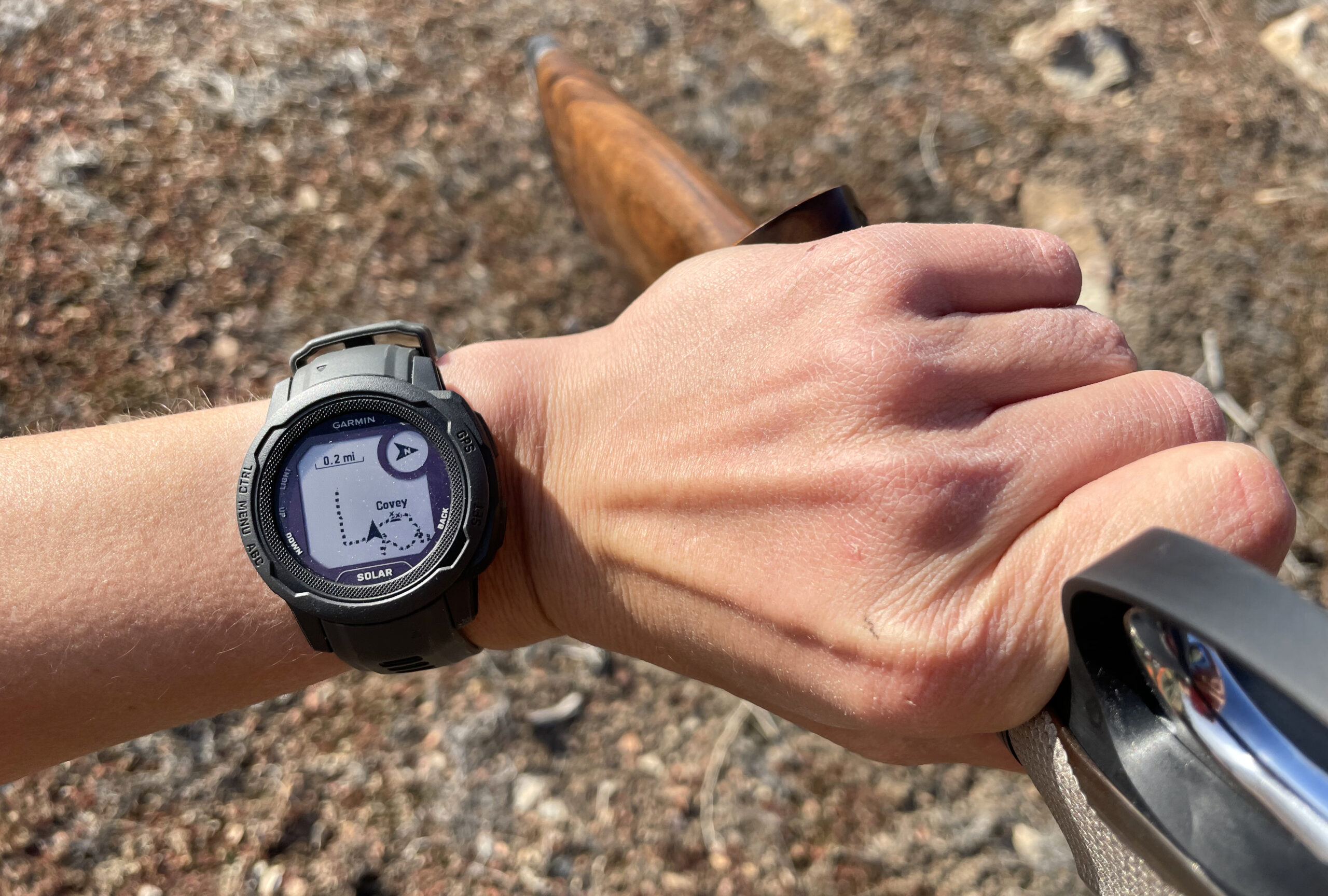 Hunter wears Garmin Instinct GPS watch.