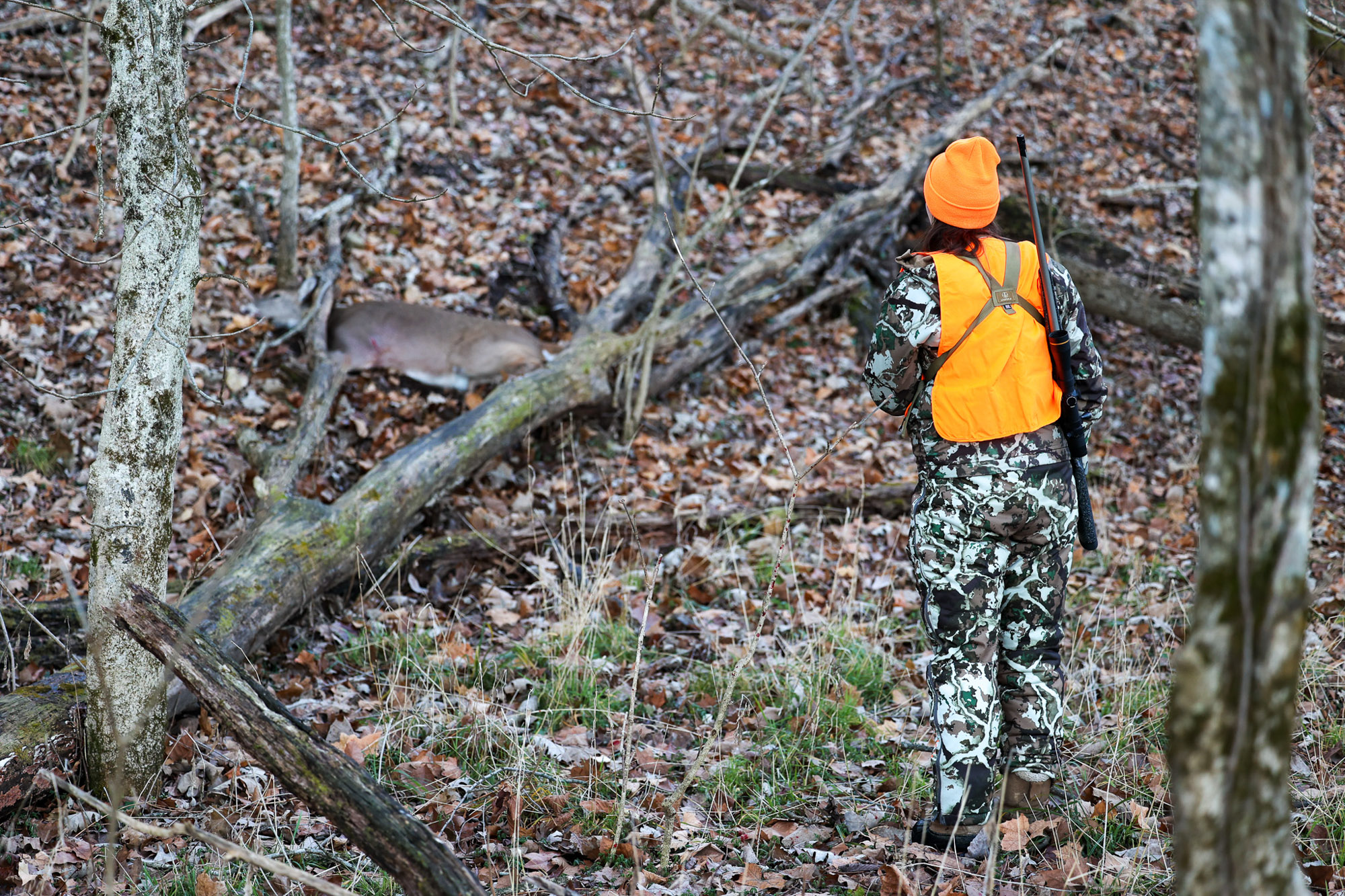 A hunter stares at a deer on a hilldside.