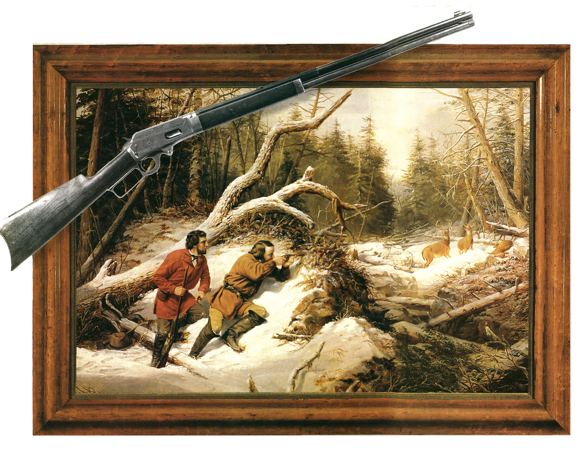 A painting of two hunters and a rifle