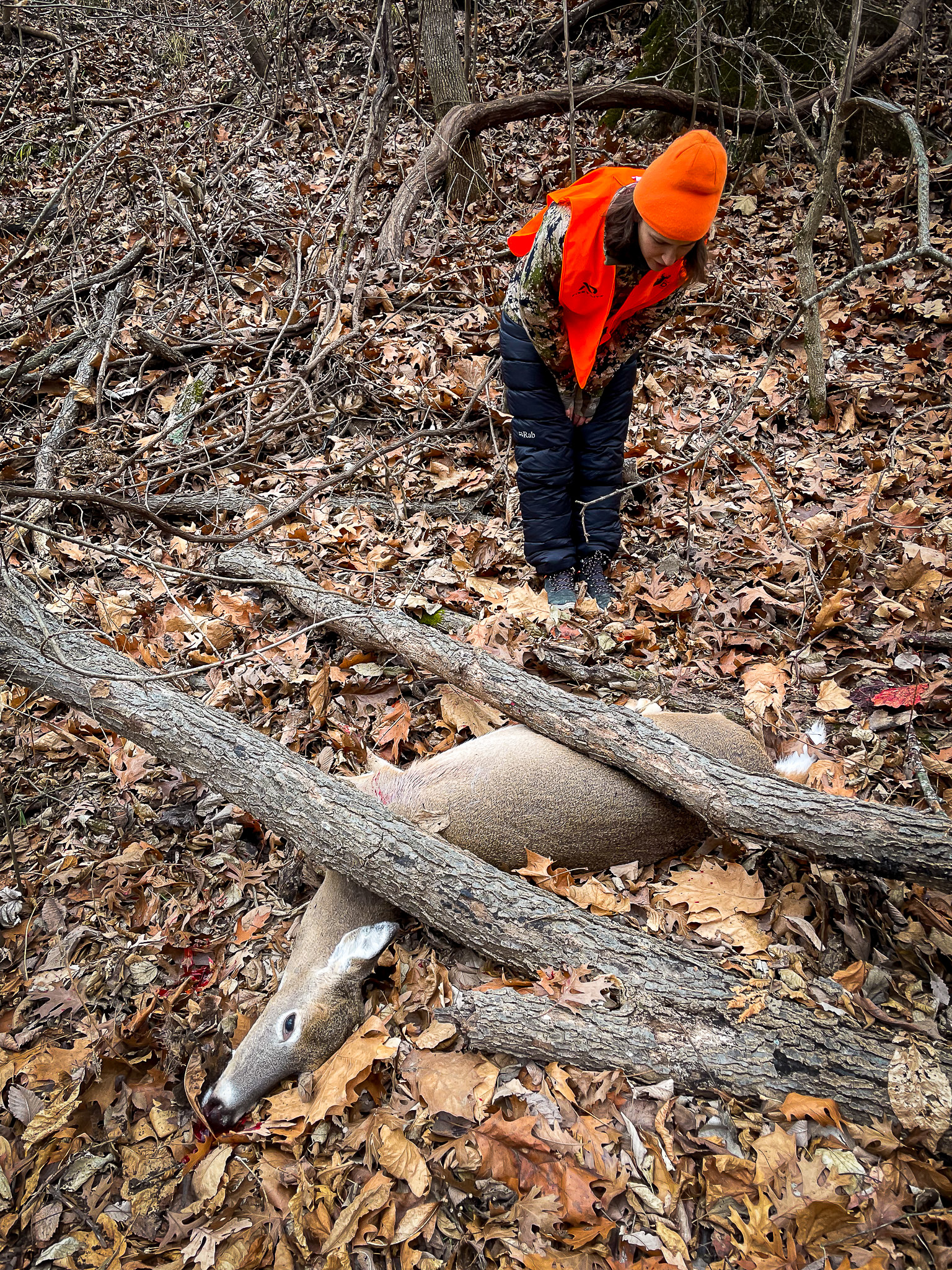 A new hunter looks at a deer lying in the woods.