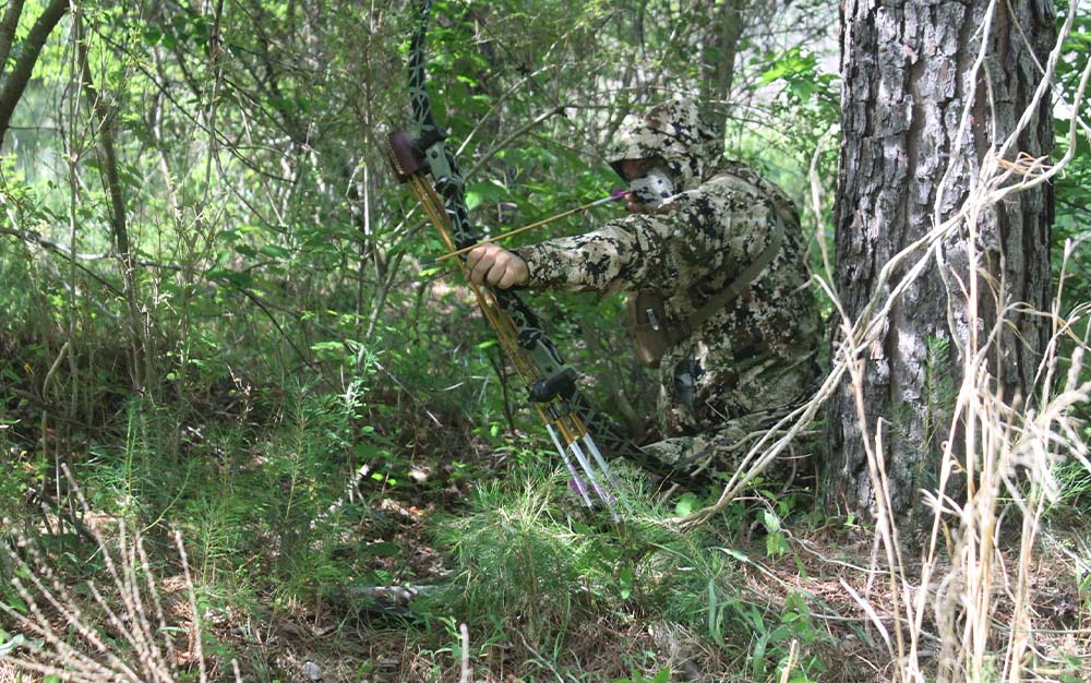 Hunter draws bow in Sitka Thunderhead.