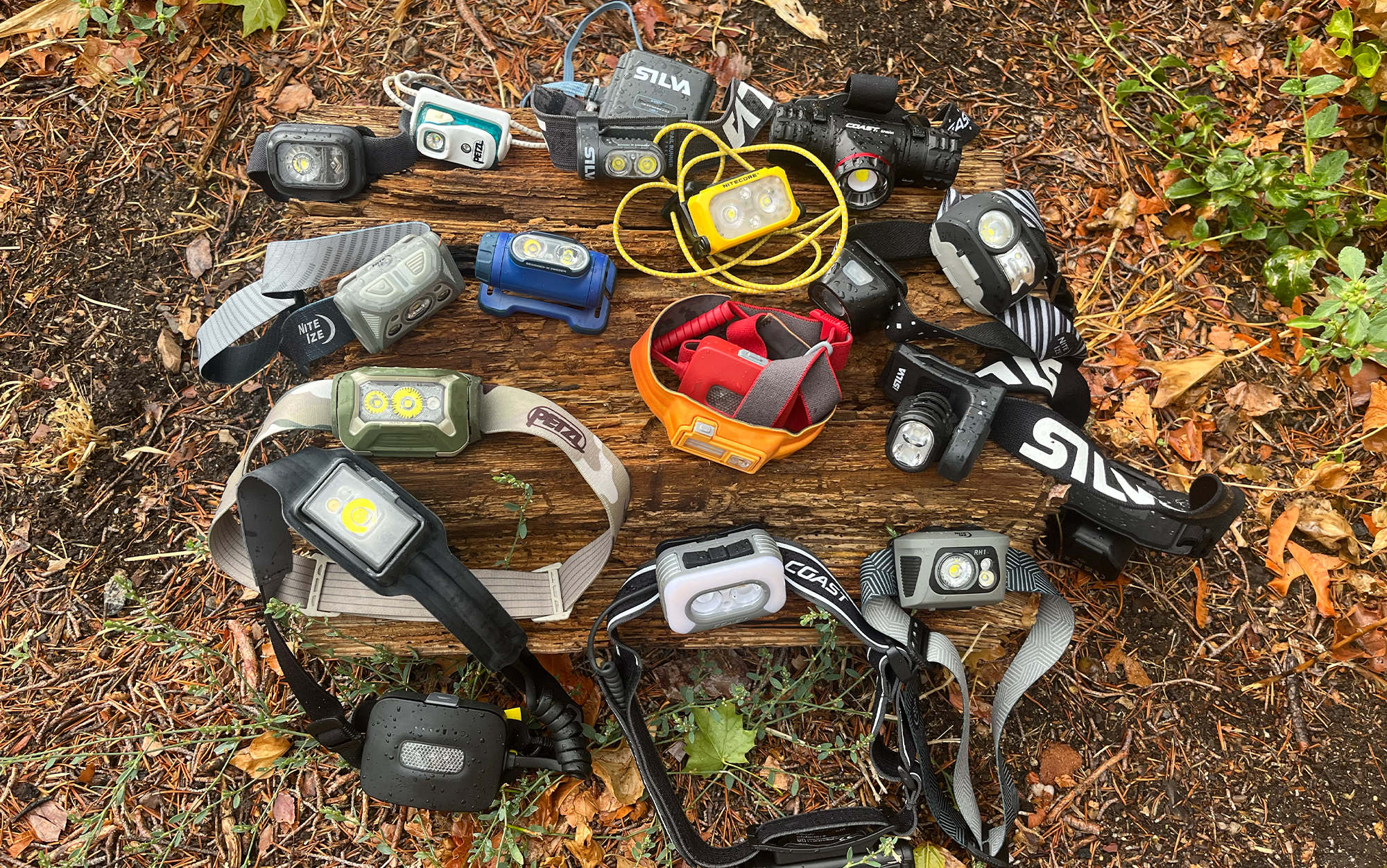 Headlamps sit on a wet log.