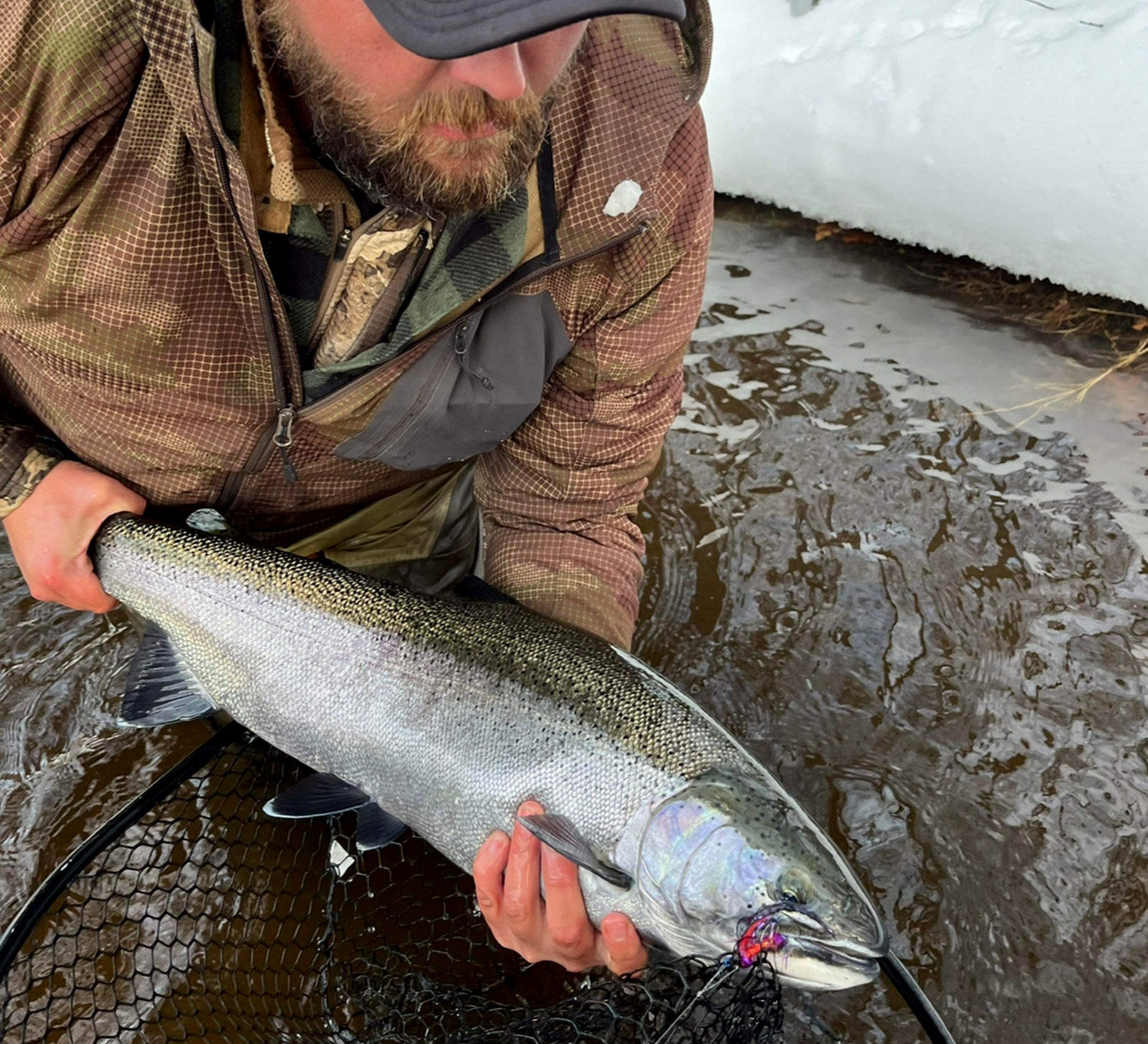 A fly fisherman cradles a steelhead near the water's surface.