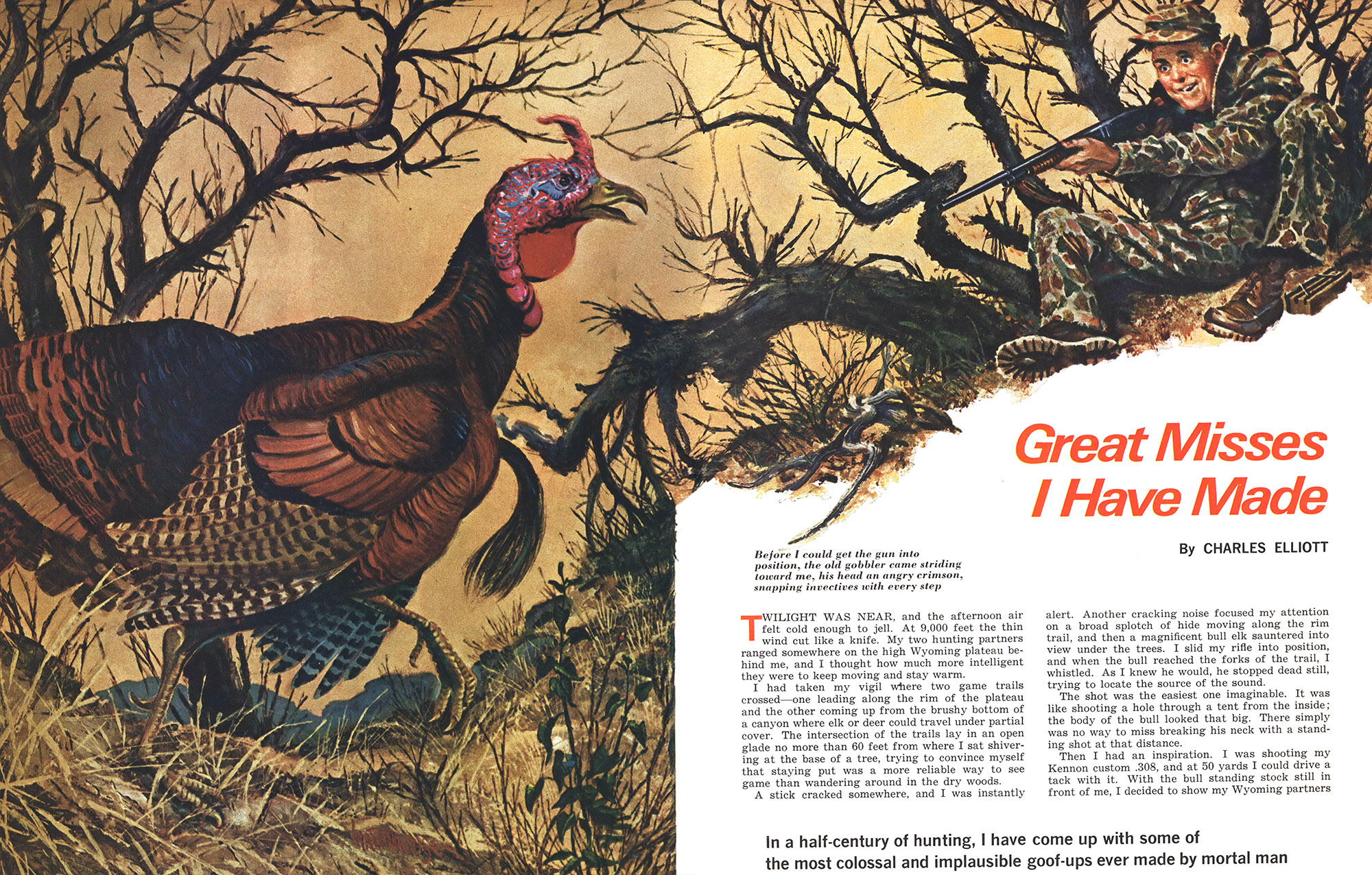 A two page magazine spread of a turkey and a hunter.