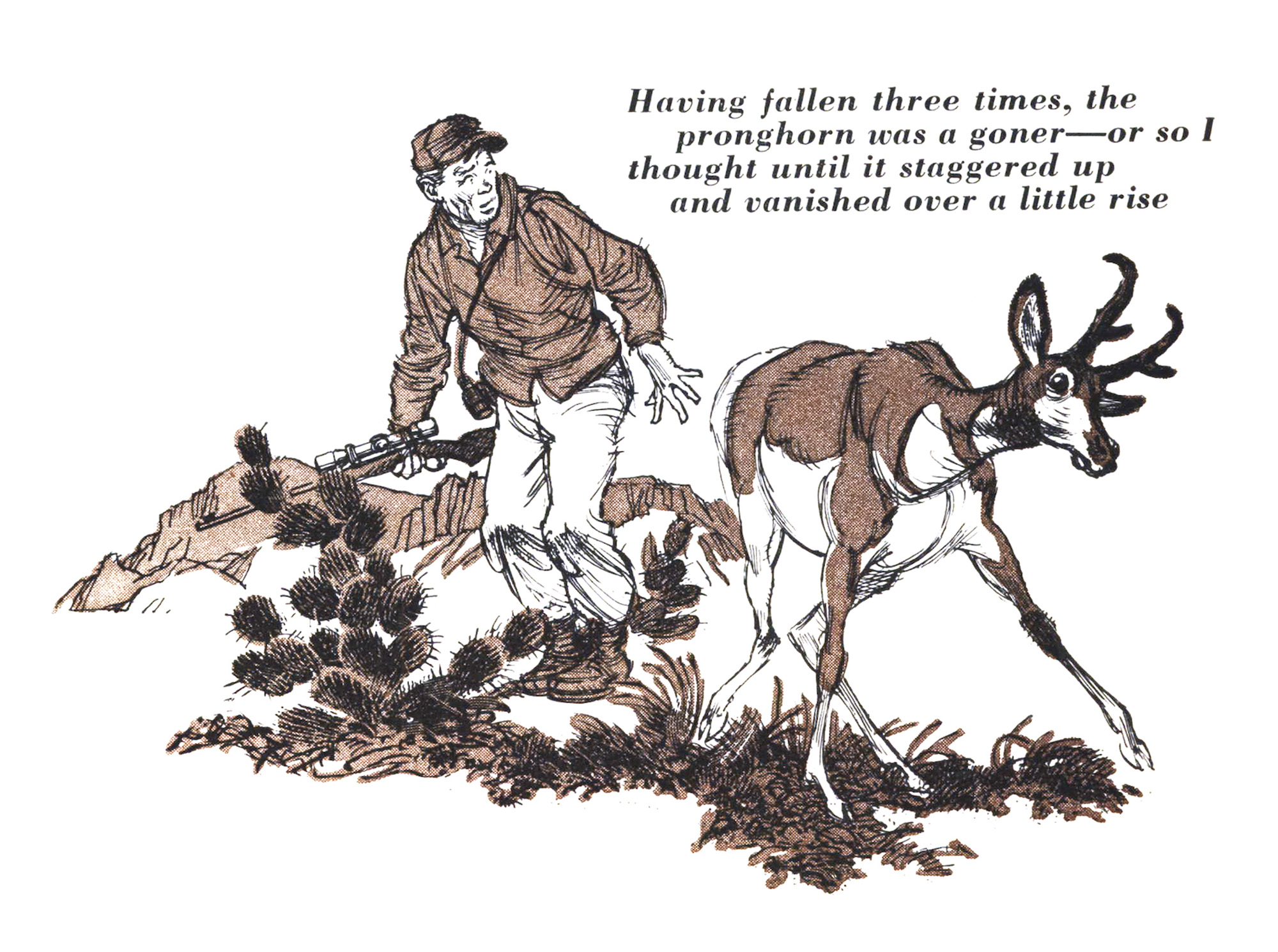 An illustration of hunter Charles Elliot and a pronghorn buck.