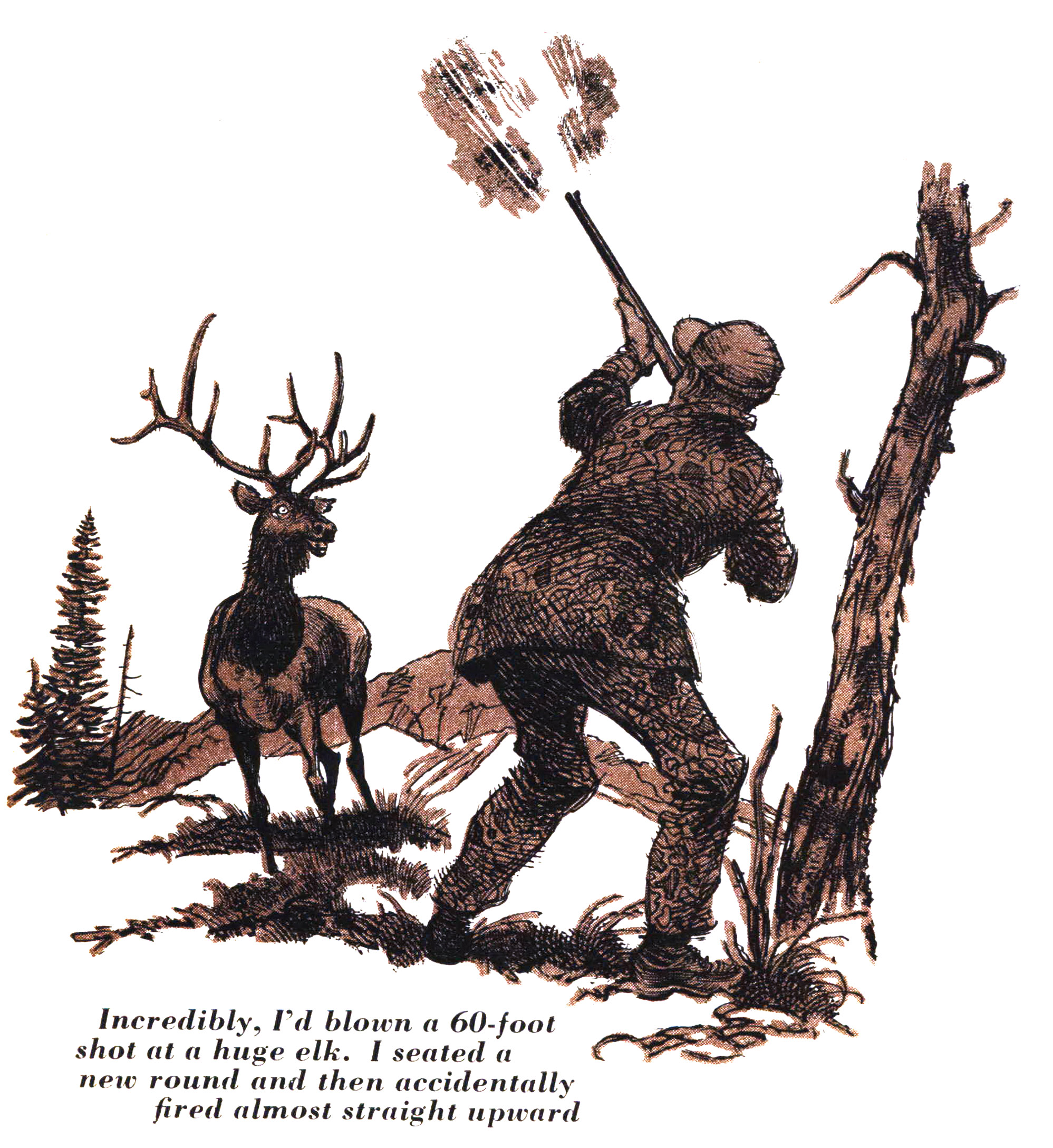 A hunter shoots above an elk