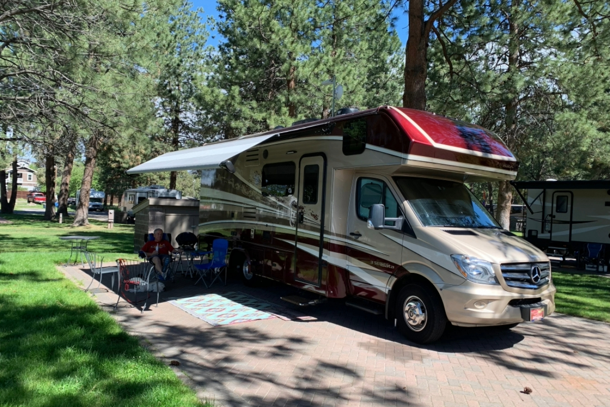 Class C in a campsite at an affordable RV getaway