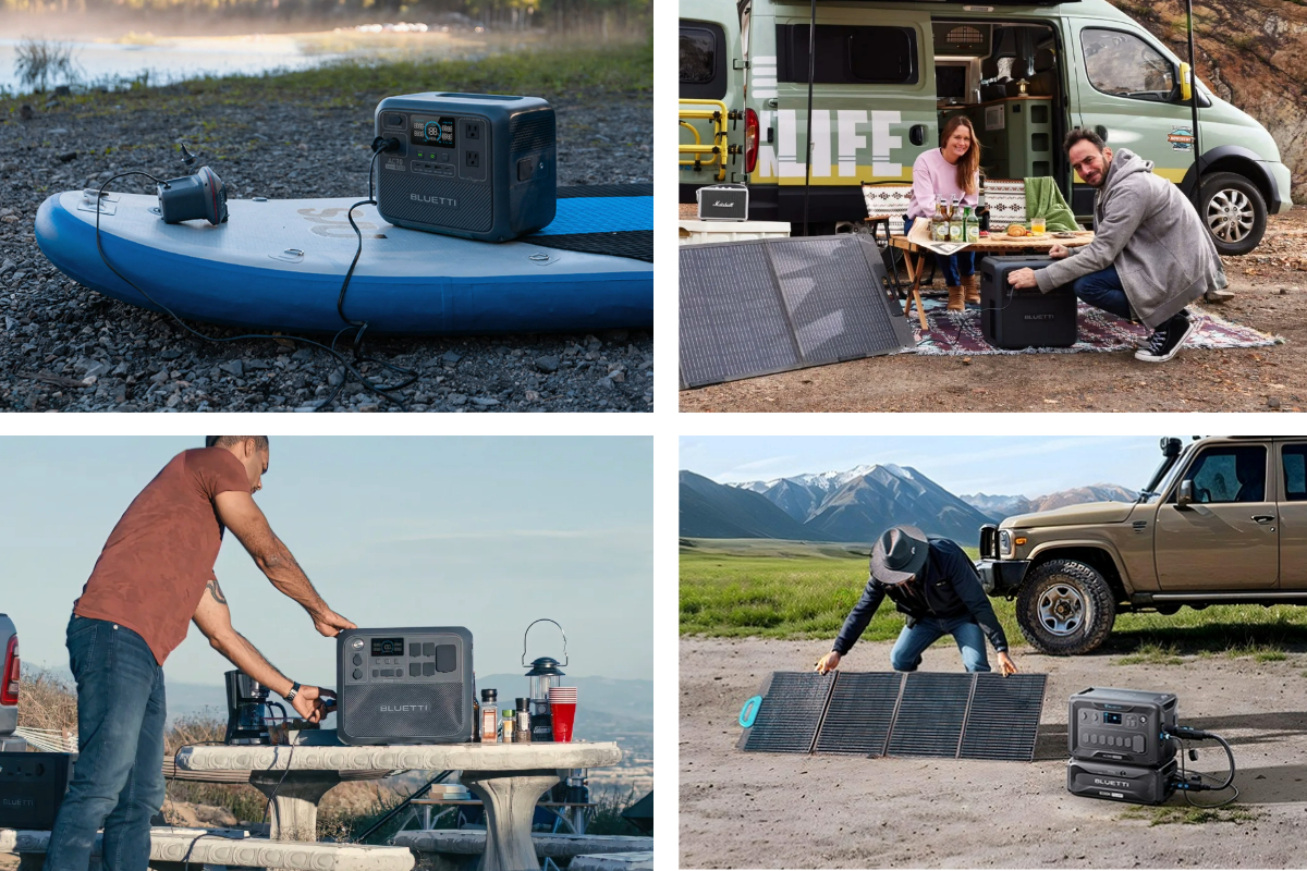 collage of photos showcasing campers using Bluetti power stations in various ways