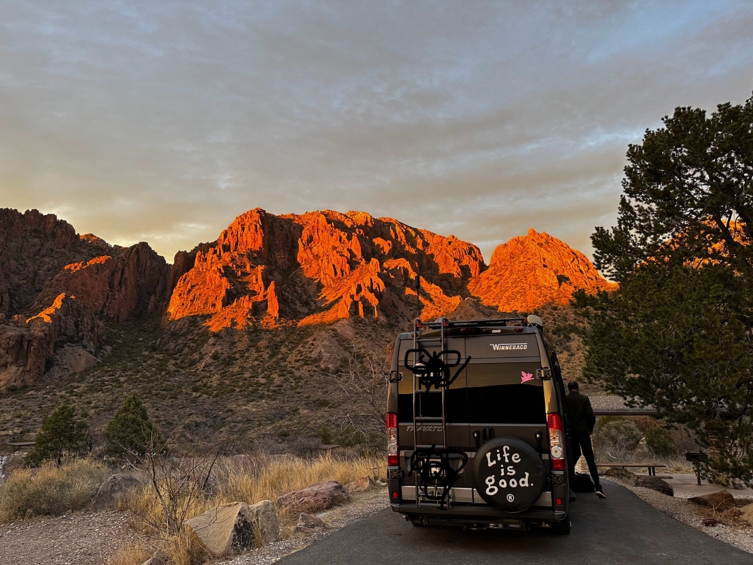 Class B motohome overlooking the mountains at Chisos Basin Campground.