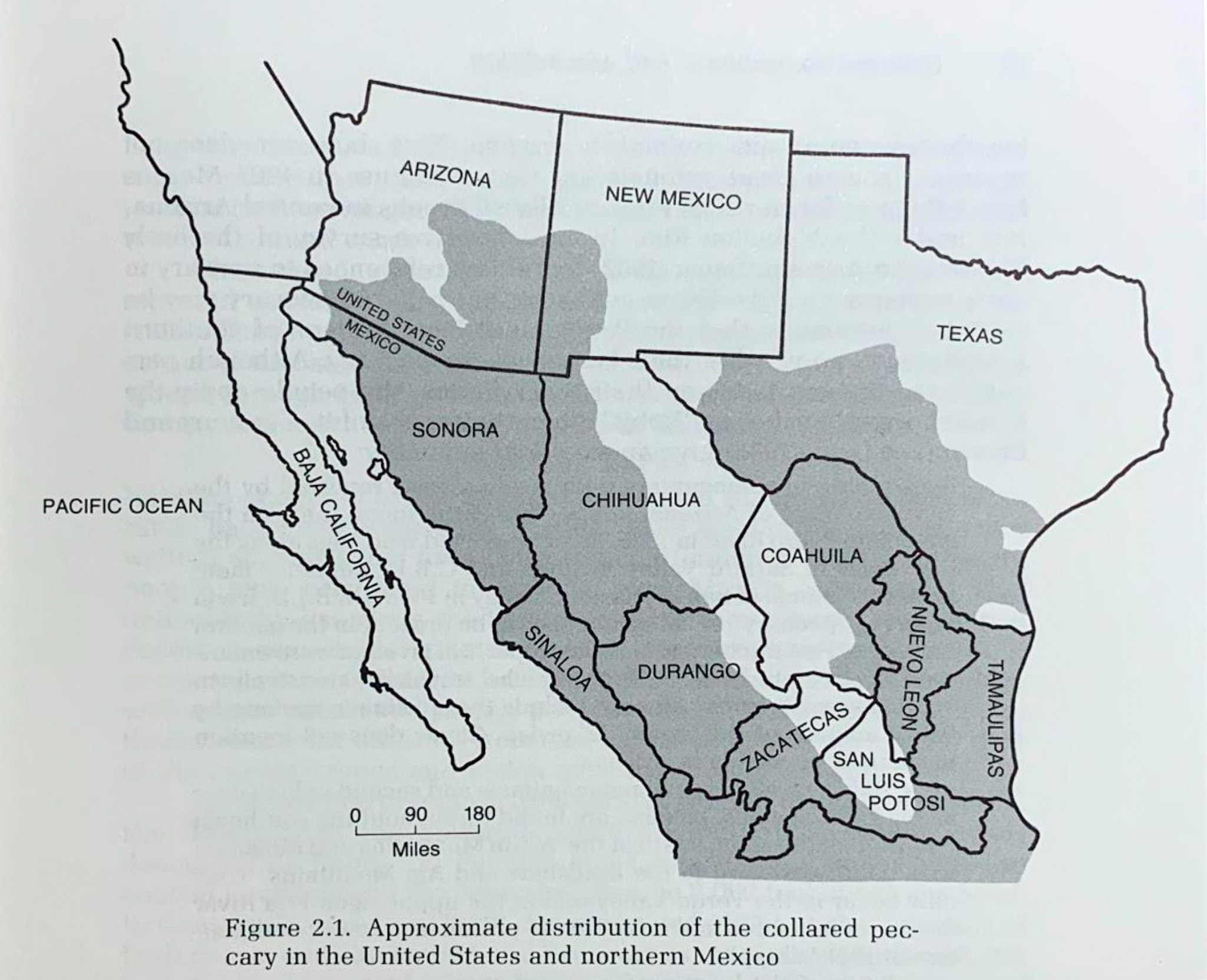 A map showing the native range of javelina.