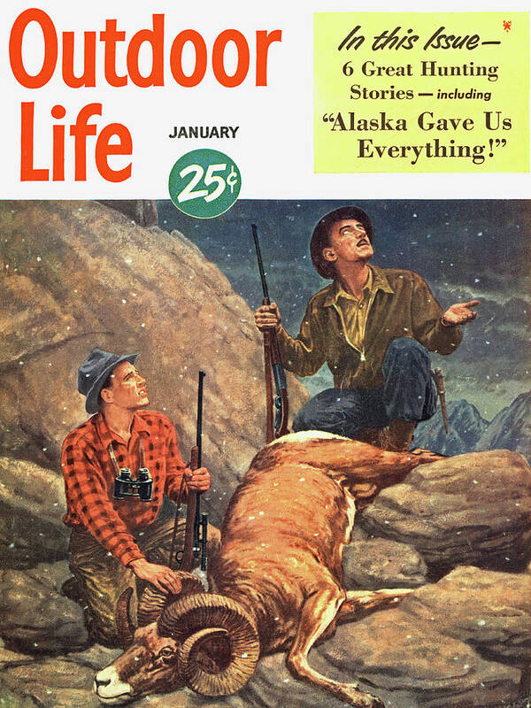 An old outdoor life cover of two sheep hunters as snow starts to fall.