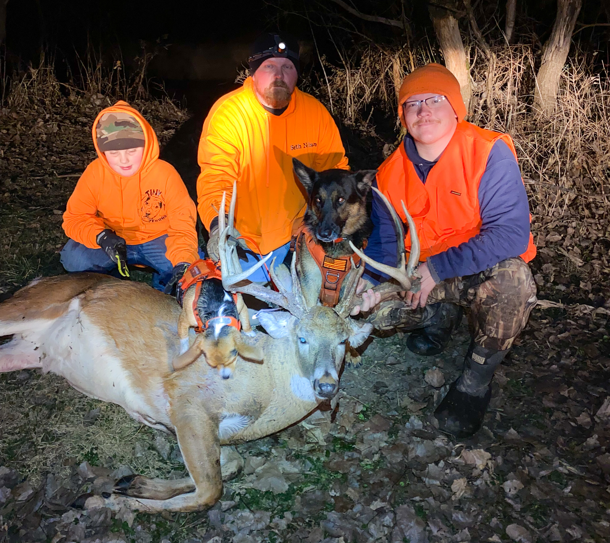 Three hunters in orange sit behind a nice buck with two dogs.