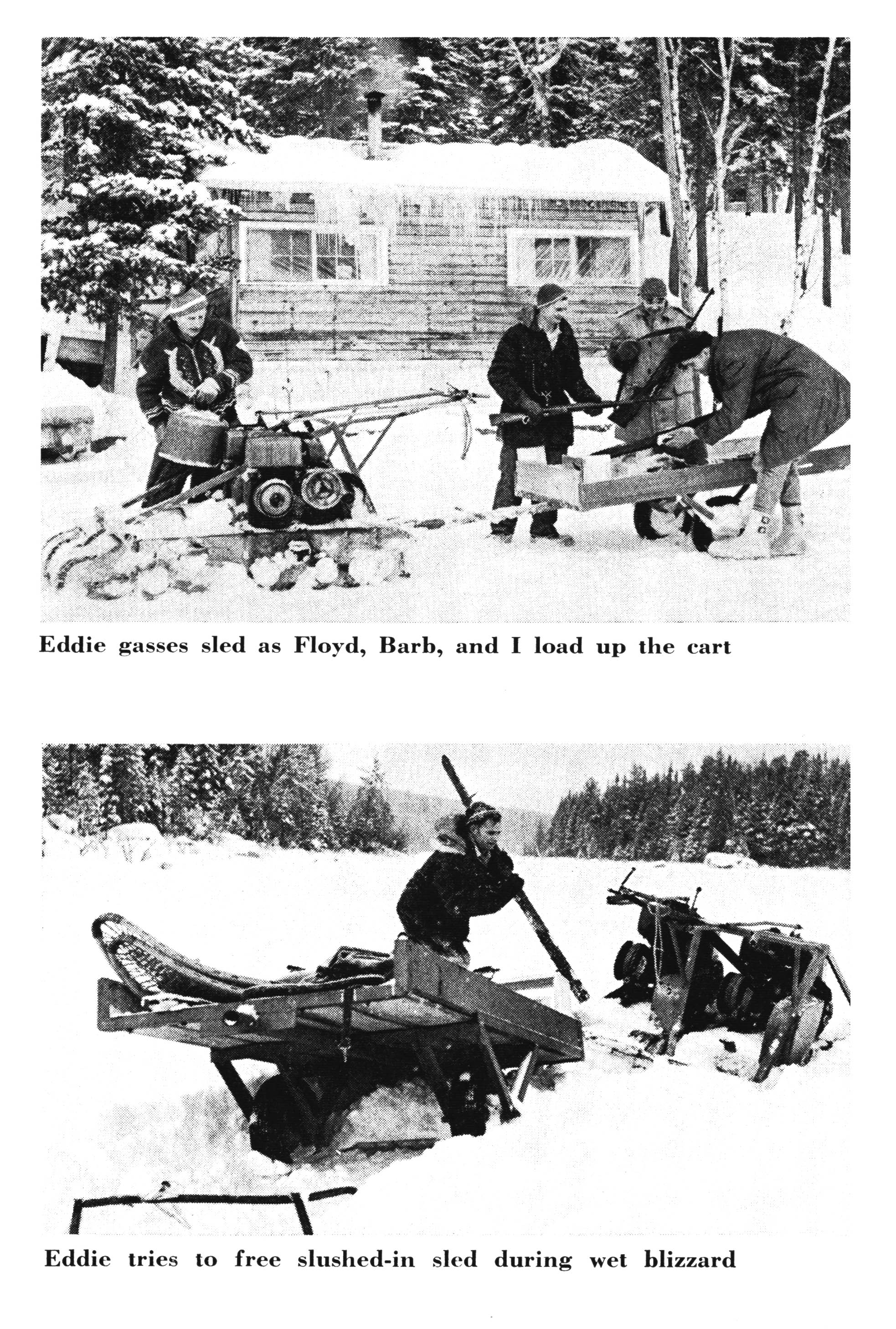 Two old photos of people gassing up and digging out an old sled.