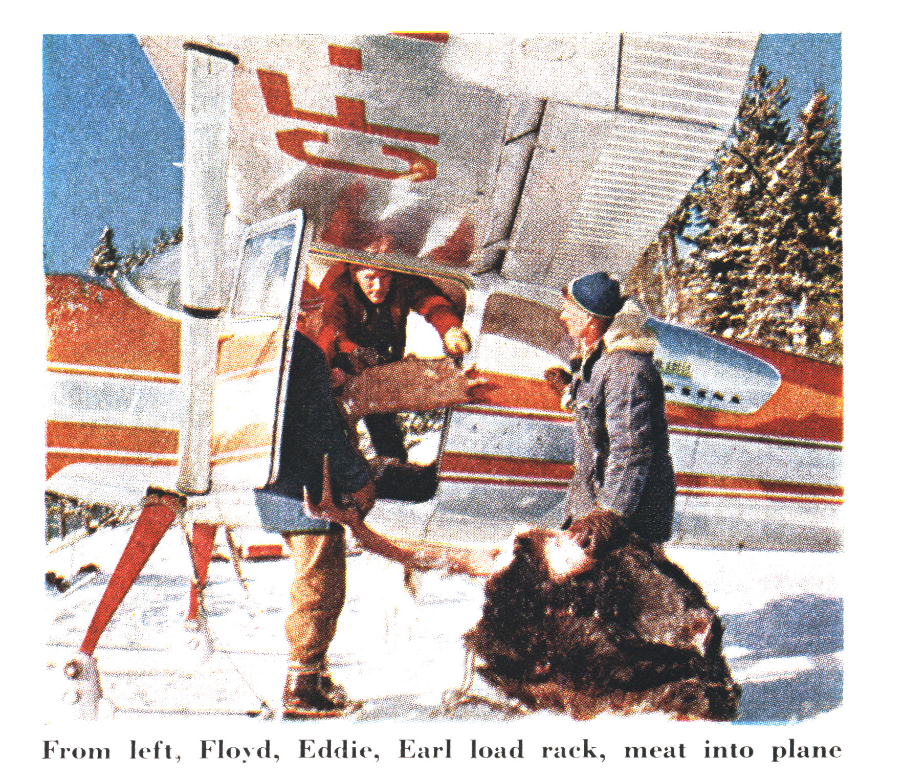 An old color photograph of people loading a plane with moose meat.