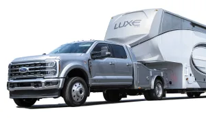 Powerful haulers for heavier RVs include the Ford 550 upfitted by Luxe Trucks.