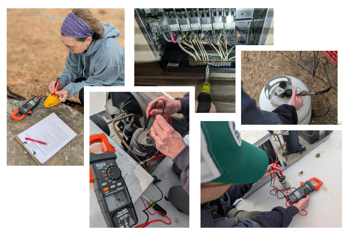 collage of photos showing girl performing various performance checks on her RV as part of lab work for an RV training course