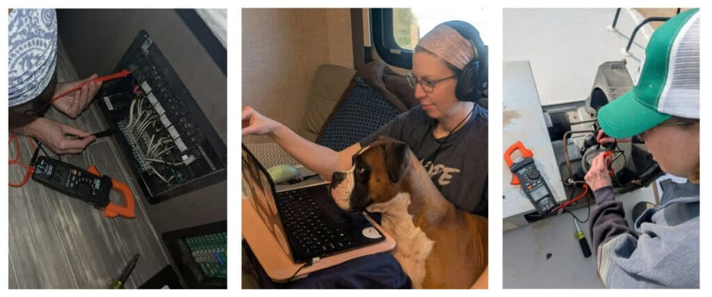 collage of photos showing girl performing various performance checks on her RV and watching videos on her llaptop as part of lab work for an RV training course