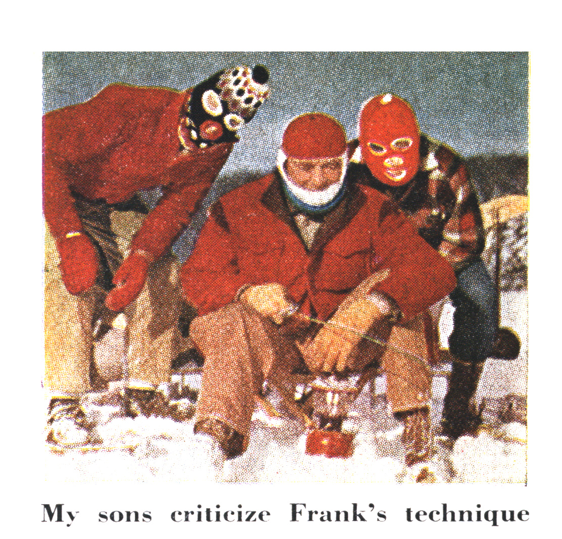 An old photo of three icefishermen in red.