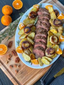 Spiced Pecan-Crusted Petite Tender Beef Roast with Fingerlings and Cipollini Onions